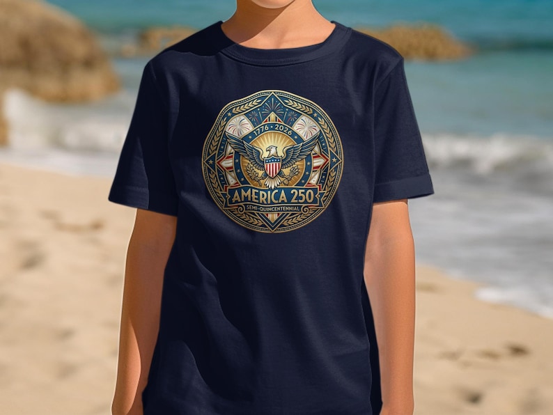 Navy t-shirt with America 250 Semi-Centennial badge design.