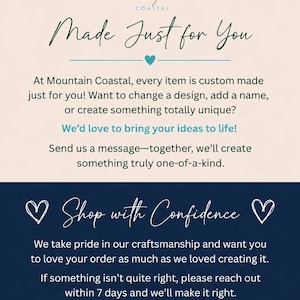 May include: A promotional graphic for Mountain Coastal, featuring the text "Made Just for You" and "Shop with Confidence." The design includes a logo with mountains and waves, and a navy blue and white color scheme. The text emphasizes custom-made items.