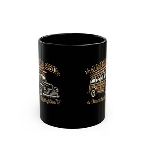 Black mug with vintage woody wagon and "America 250" text.