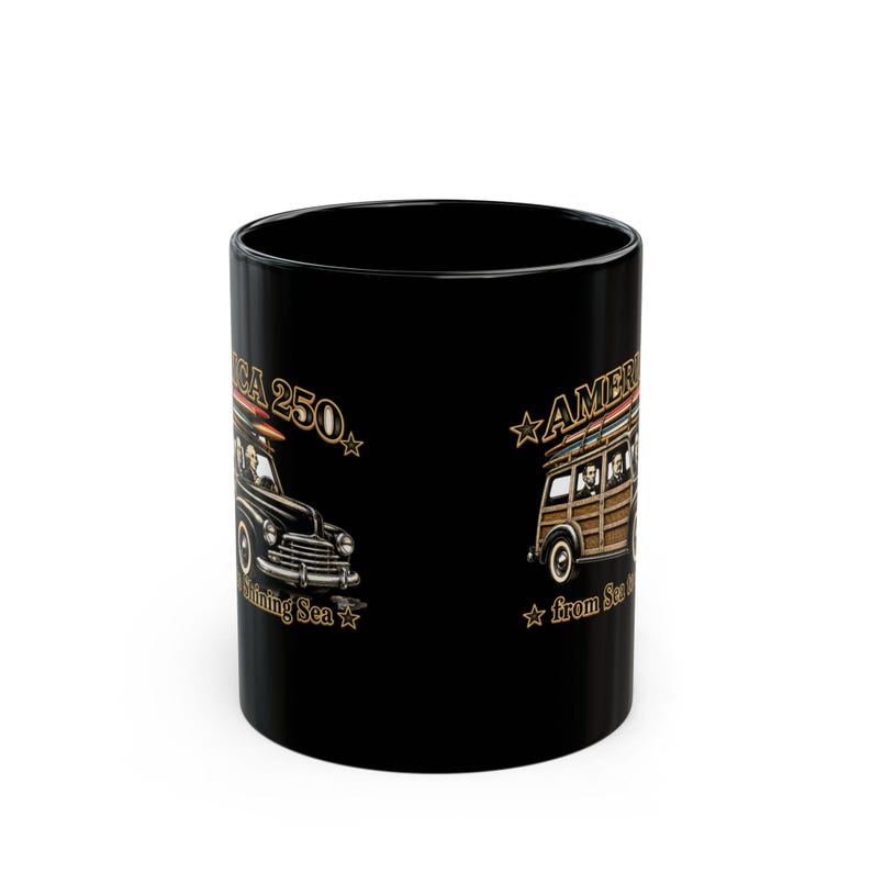 Black mug with vintage woody wagon and "America 250" text.