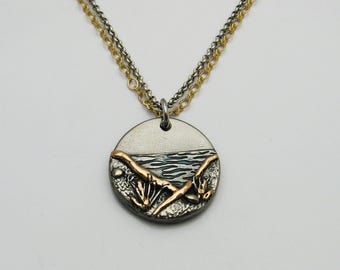 Handmade Mixed Metal Ocean Beach Necklace, Artisan Mixed Metal Bronze Jewelry, Ocean Beach Lover Gift, Dark Silver Rustic Metal Necklace