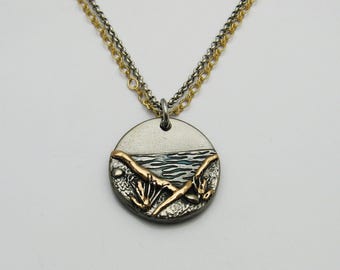 Handmade Mixed Metal Ocean and Beach Necklace, Bronze Necklace, Mixed Metal Jewelry, Ocean Lover Jewelry, Beach Lover Jewelry, Gray and Gold
