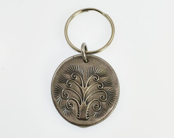 Handmade Rustic Metal White Bronze Tree of Life Keychain, Silver Toned Metal Key Chain Gift