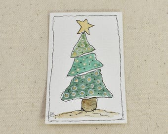 Tiny Original Hand Painted Watercolor Painting | Modern Christmas Tree