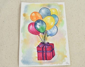 Original Mini Hand Painted Watercolor Painting | Floating Birthday Balloons and Gift | Card Making Materials