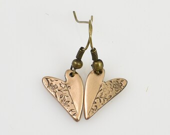 Handmade Gold Bronze Asymmetrical Heart Earrings with Floral Texture, Dainty Heart Drop Dangle Earrings