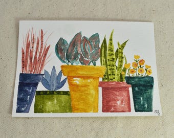 Original Mini Hand Painted Houseplant Watercolor Painting | Colorful Potted Plants, Modern Plant Lover Gift | On My Windowsill