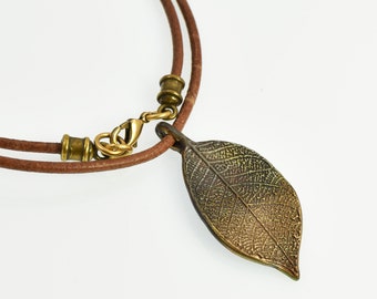 Shimmery Bronze Leaf Pendant on Light Brown Leather Cord Necklace, Handmade Nature Jewelry