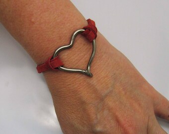 Handmade Red Suede Leather Heart Bracelet: Antique Silver Toned Boho Jewelry