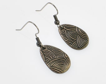 Dark Silver Toned Geometric Textured Teardrop Drop Dangle Earrings, Non Allergenic Steel Ear Wire, Rustic Industrial