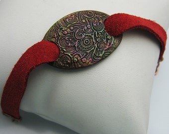 Handmade Copper Paisley Oval on Red Suede Leather Bracelet, Colorful Copper Bracelet, Boho Jewelry