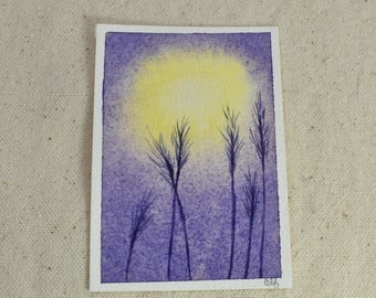 Original ACEO Hand Painted Landscape Watercolor Painting | Purple and Gold Minimalist Nature Art, Summer Field Decor | Purple Haze