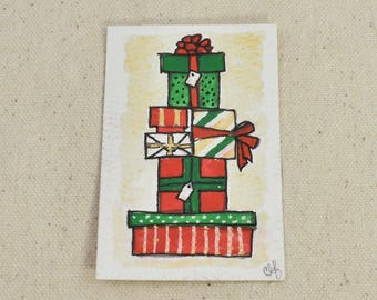 Tiny Original Hand Painted Watercolor Painting | Christmas Packages Stacked "Under The Tree"
