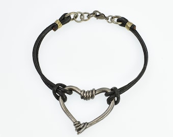 White Bronze Dark Silver Toned Heart Leather Cord Bracelet, Boho Industrial Rustic Jewelry
