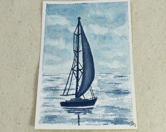 Original Mini Hand Painted Sailboat Watercolor Painting | Ocean Seascape Art, Coastal Nautical Home Decor | Sailin