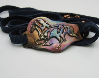 Rose Bronze Running Horse on Leather Wrap Bracelet, Pony Equestrian Horse Lover Jewelry