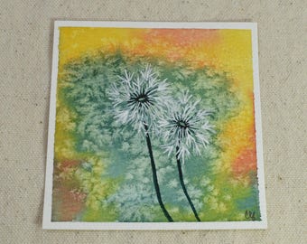 Original Mini Hand Painted Dandelion Watercolor Painting | Yellow Teal Coral Nature Art, Soft Textured Botanical Decor | Make a Wish