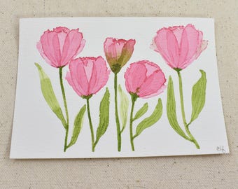 Original Mini Hand Painted Watercolor Tulips Painting | Frilly PinkTulips