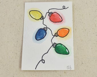 ACEO Tiny Original Hand Painted Watercolor Painting | Christmas Lights