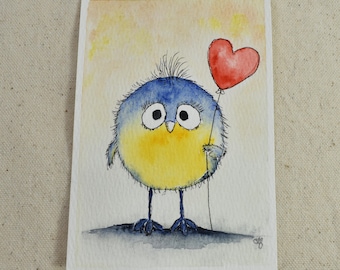 Original Mini Hand Painted Whimsical Bird Watercolor Painting | Cute Line & Wash Bird Art, Nursery Decor, | This Little Birdie Loves You