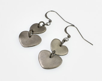 Double Heart Dark Silver Toned Bronze Earrings, Rustic Metal Drop Dangle Earrings, Non Allergenic Steel Ear Wire, Simple Industrial
