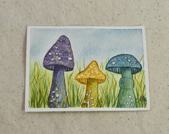 Original ACEO Hand Painted Whimsical Mushroom Watercolor Painting | Cute Woodland Art, Cottagecore Forest Decor | Woodland Whimsy