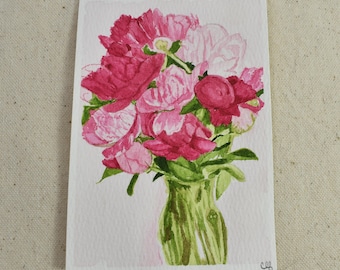 Original Mini Hand Painted Peony Watercolor Painting | Pink Floral Bouquet, Cottage Garden Decor | Lillie's Peonies
