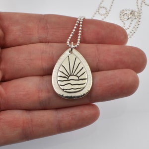 Handmade Fine Silver Ocean Sunset Teardrop Necklace, Simple Island Beach Inspired Jewelry, Original Line Art Pendant image 4