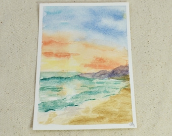 Original Mini Hand Painted Ocean Sunset Watercolor Painting | Beach Scene Wall Art, Coastal Living Decor | Sunset On The Beach
