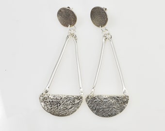 Handmade Sterling Silver Organic Textured Half Circle and Bar Statement Earrings, Long Dangly, Non Allergenic Titanium Post Recycled Silver