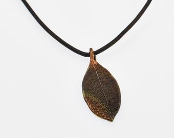 Shimmery Bronze Leaf Pendant on Dark Brown Leather Cord Necklace, Handmade Nature Jewelry