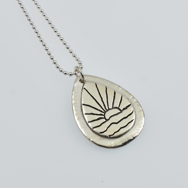 Handmade Fine Silver Ocean Sunset Teardrop Necklace, Simple Island Beach Inspired Jewelry, Original Line Art Pendant image 3
