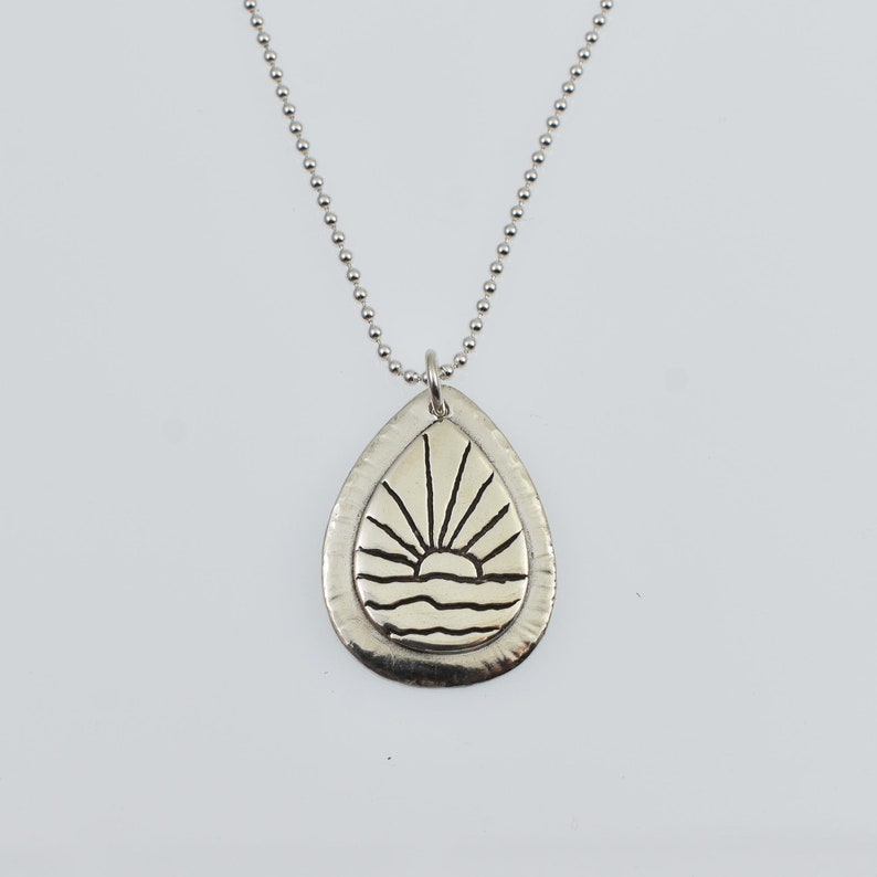 Handmade Fine Silver Ocean Sunset Teardrop Necklace, Simple Island Beach Inspired Jewelry, Original Line Art Pendant image 2