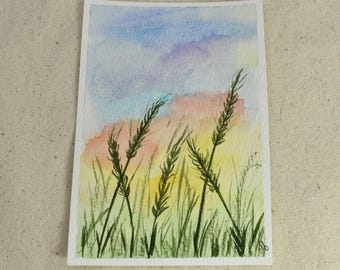 Original Mini Hand Painted Landscape Watercolor Painting | Soft Pastel Meadow, Summer Field Decor, Nature Wall Art | Soft Summer Breezes