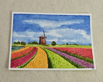 Original Mini Hand Painted Landscape Watercolor Painting | Colorful Tulip Fields with Windmill | Tulip Rivers