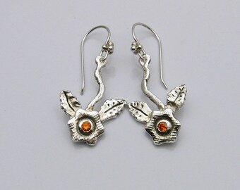 Handmade Silver Flower Earrings with Faceted Orange Cubic Zirconia, Long Flower Earrings, Floral Earrings, Artisan Jewelry
