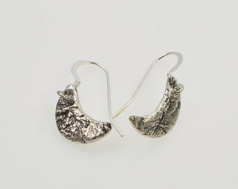 Handmade Sterling Silver Organic Textured Crescent Moon Earrings, Celestial Planetary Jewelry