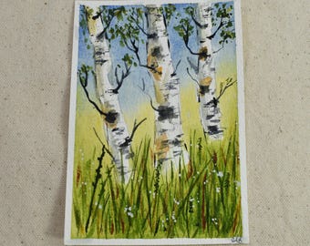 Original Mini Hand Painted Aspen Tree Watercolor Painting | Colorado Mountain Landscape, Woodland Nature Decor | Summer Aspen Glow