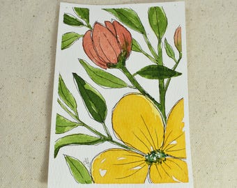 Original Mini Hand Painted Watercolor Flowers Painting | Mixed Media Line and Wash | Summer Blossoms