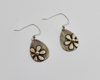 Handmade Sterling Silver Daisy Flower Teardrop Earrings, Floral Jewelry, Cute Dangle Drop Earrings