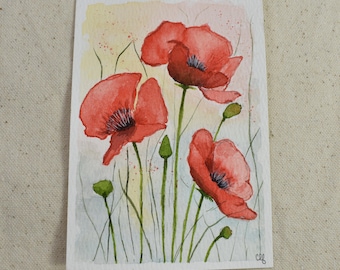 Original Mini Hand Painted Poppy Watercolor Painting | Red Wildflower Botanical Art, Cottage Garden Decor | Colorado Memories