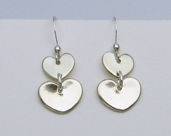 Handmade Silver Heart Earrings, Heart Dangle Earrings, Heart Jewelry, Double Heart Earrings, Wedding Earrings, Bridesmaid Gift, Gift for Her