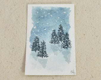 Tiny Original Hand Painted Watercolor Painting | "Winter Trees" Landscape Art