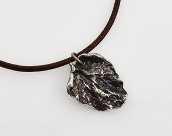 Shimmery Organic Silver Leaf Pendant on Brown Leather Cord Necklace, Handmade Nature Jewelry