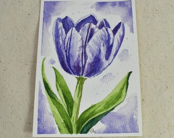 Original Mini Hand Painted Tulip Watercolor Painting | Purple Floral Wall Art, Botanical Garden Decor | Purple Tulip
