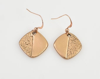 Handmade Rose Gold Bronze Square Earrings with Smooth and Floral Texture, Rose Gold Filled Ear Wires