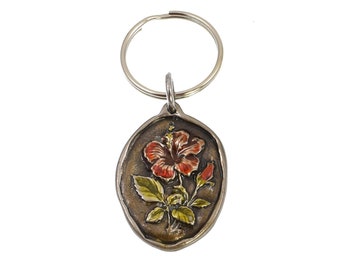 Handmade Colorful Red Hibiscus Flower Metal Keychain, Alcohol Ink in Resin on Silver Toned White Bronze Metal