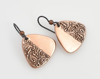 Handmade Rose Gold Bronze Triangle Earrings with Smooth and Paisley Texture, Non Allergenic Black Niobium Ear Wires