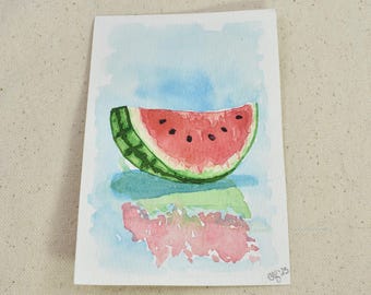 Original Mini Hand Painted Watercolor Watermelon Fruit Painting | Fruit Fusion Summer Slice