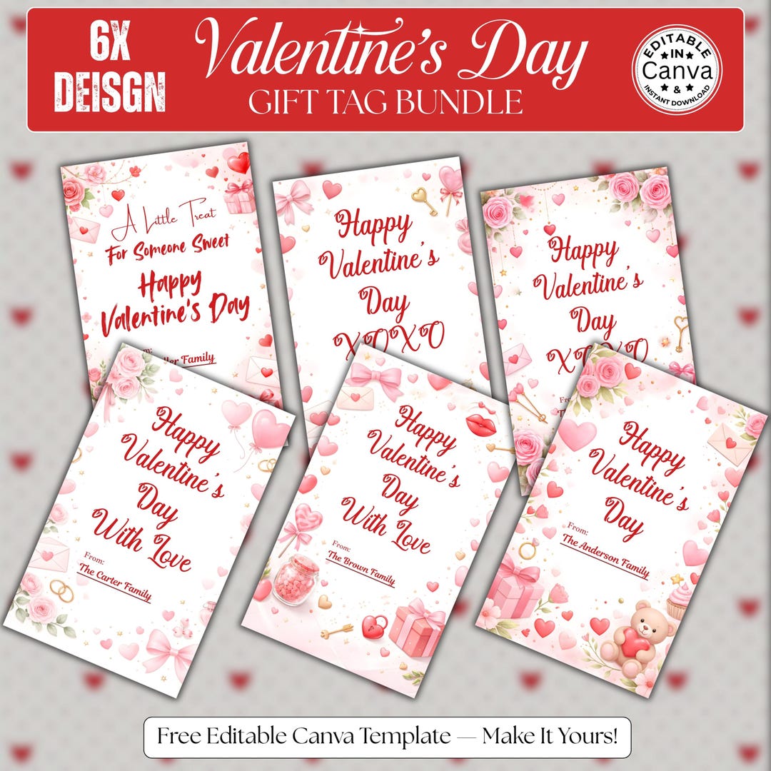 Valentine Gift Tag Printable Set of 6, School Classroom Favor Tags for ...
